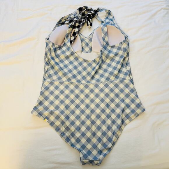 Summersalt Cream Blue Gingham Halter Tie Back One Piece Swimsuit Size 18 - Picture 2 of 7